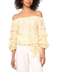 Vince Camuto - Printed Linen-blend Off-the-shoulder Bubble 3/4-sleeve Tie-front Blouse - Lyst