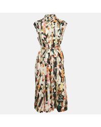 Pre-owned Burberry - Multicolor Printed Button Front Belted Midi Dress - Lyst