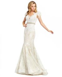 Mac Duggal - Embellished Feather Cap Sleeve Illusion Neck Trumpet Gown - Lyst
