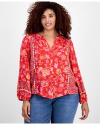 Liverpool Los Angeles - Liverpool Plus Size Printed Blouson-sleeve Button-front Blouse - Lyst