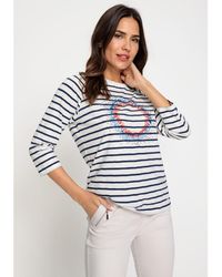 Olsen - 100% Cotton 3/4 Sleeve Striped And Embellished Placement Print T-shirt - Lyst