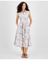 Tommy Hilfiger - Floral Print Cotton Belted Sleeveless Shirtdress - Lyst
