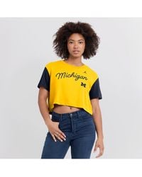 Nike - Maize/navy Michigan Wolverines Color-block Script Dri-fit Cropped T-shirt - Lyst