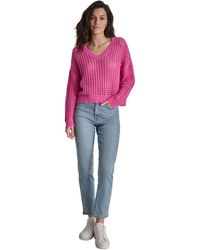 DKNY - V-neck Open-stitch Cotton Sweater - Lyst