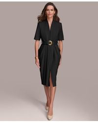 Donna Karan - V-neck Belted Short-sleeve Dress - Lyst