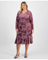 London Times - Plus Size Floral Long-sleeve Flounce-hem Midi Dress - Lyst