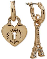 Karl Lagerfeld - Gold-tone Pave Heart Padlock & Eiffel Towel Mismatch Charm Hoop Earrings - Lyst