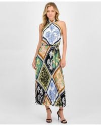 Tahari - Printed Tie-waist Pleated-skirt Halter Maxi Dress - Lyst