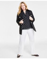 Anne Klein - Plus Size Dot Print Tie Neck Shirred Blouse High Rise Pull On Bootcut Pants Double Breasted Trench Jacket - Lyst