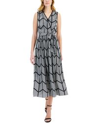 Tahari - Printed Faux-wrap Sleeveless Pleated Fit & Flare Midi Dress - Lyst