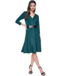 DKNY - Long Sleeve V-neck Belted Fit And Flare Midi Dress - Lyst