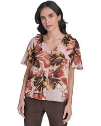 Calvin Klein - Printed Ruffle-neck Button-front Blouse - Lyst