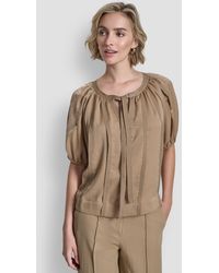 DKNY - Puff-sleeve Top Stitch Tie Front Blouse - Lyst