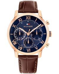 Tommy Hilfiger - Multifunction Dark Leather Strap Watch - Lyst