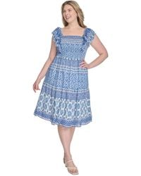 Eliza J - Plus Size Printed Square-neck Cap-sleeve Dress - Lyst