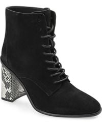 Journee Signature - Edda Snake Print Block Heel Lace Up Booties - Lyst