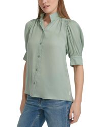 Calvin Klein - Charmeuse Puff-sleeve Stand-collar Top - Lyst