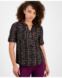 Anne Klein - Petite Printed Rolled-sleeve Button-front Top - Lyst