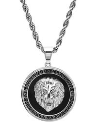 Steeltime - Two-tone Stainless Steel Simulated Diamond Lion Head On Greek Key Mount 24" Pendant Necklace - Lyst