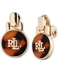 Lauren by Ralph Lauren - Gold-tone Tortoise-look Logo Clip-on Drop Earrings - Lyst