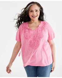 Style & Co. - Plus Size Embroidered Split-neck Puff-sleeve Top - Lyst