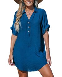 CUPSHE - Navy Collared V-neck Mini Cover-up Beach Dress - Lyst