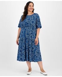London Times - Plus Size Short-sleeve Printed Fit & Flare Midi Dress - Lyst