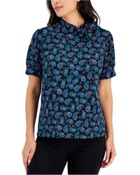 Charter Club Petite Paisley-print Tie-neck Puff-sleeve Top, Created For Macy's - Blue