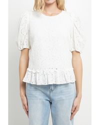 English Factory - Lace Puff Sleeve Top With Shoulder Ruffle Details - Lyst