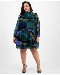 London Times - Plus Size Printed Pleated Blouson-sleeve Shift Dress - Lyst