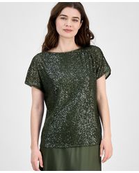 Anne Klein - Sequinned Mesh Boat Neck Top P Xxs Xxl - Lyst