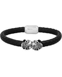 Steeltime - Black Braided Leather And Stainless-steel Skulls Bracelet - Lyst