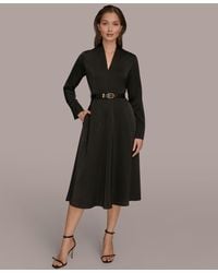Donna Karan - Satin V-neck Belted A-line Midi Dress - Lyst