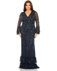 Mac Duggal - Plus Size V Neck Embellished Flutter Tiered Long Sleeve Gown - Lyst