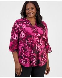 Kasper - Plus Size Split-neck Printed Flutter-sleeve Top - Lyst