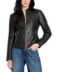 Guess - Collarless Zip-front Leather Jacket - Lyst