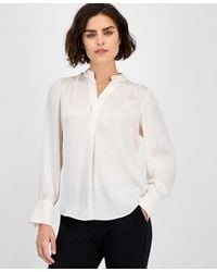 Anne Klein - Textured Split-neck Long-sleeve Top - Lyst