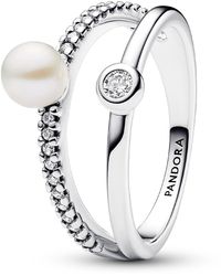 PANDORA - Sterling Timeless Treated Freshwater Cultured Pearl Pave Double Band Ring - Lyst