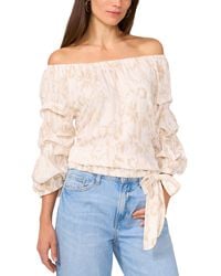 Vince Camuto - Printed Linen-blend Off-the-shoulder Bubble 3/4-sleeve Tie-front Blouse - Lyst