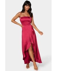 Bebe - Satin Ruffle Maxi Lace Up Back - Lyst