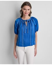 DKNY - Puff-sleeve Top Stitch Tie Front Blouse - Lyst