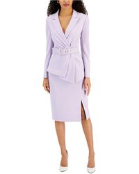 Tahari ASL Womens Plus Size Belted Notch Collar Jacket with Pencil Skirt Set 
