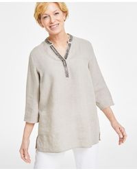 Charter Club - Petite 100% Linen Embellished-neck 3/4-sleeve Tunic - Lyst