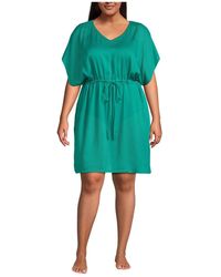 Lands' End - Plus Size Sheer Over D Short Sleeve Gathered Waist Swim Cover-up Dress - Lyst