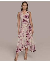 Donna Karan - Chiffon Floral Print Faux-wrap Midi Dress - Lyst