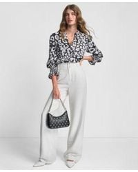 DKNY - Long Sleeve Printed Split Neck Button Front Top Stitched Crinkle Trousers - Lyst