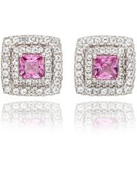 SUZY LEVIAN NEW YORK - Suzy Levian Sterling Silver Square Cut Sapphire & Created White Sapphire Double Halo Stud Earrings - Lyst