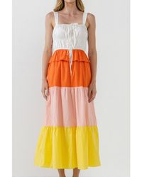 English Factory - Color Block Tied Detail Shirring Dress - Lyst
