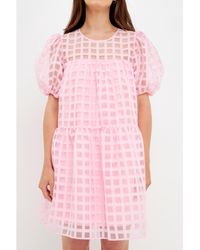 English Factory - Gridded Puff Sleeve Dress - Lyst