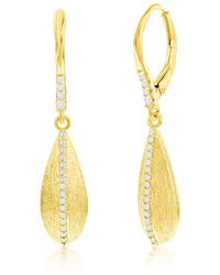 Simona - Plated Over Sterling Silver Long Pear-shaped Brushed Cz Earrings - Lyst